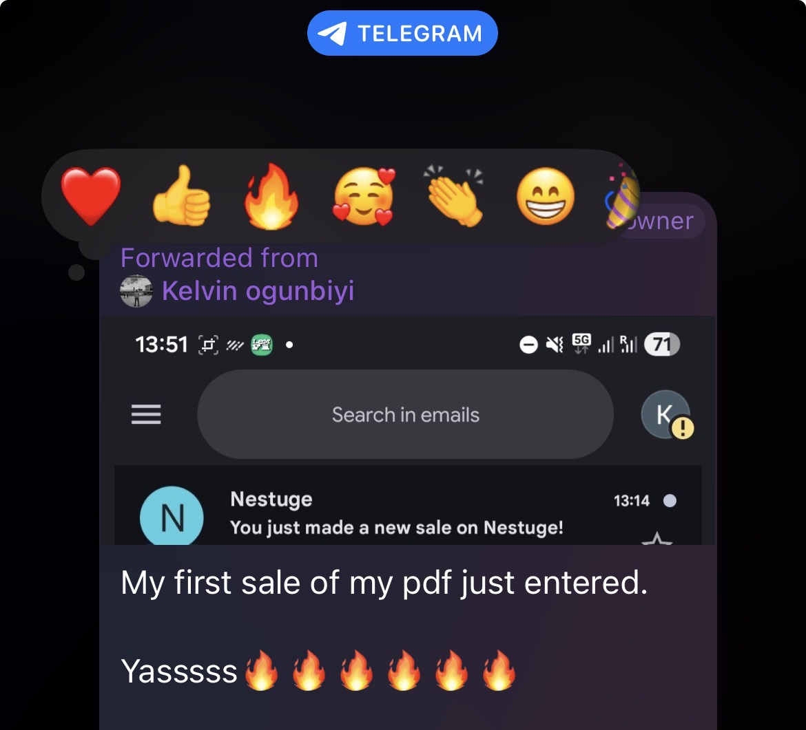 Community screenshot showing a student's first sale made right after joining